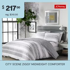 a bed with white and grey comforter next to a window in a room that is advertised for $ 278 00