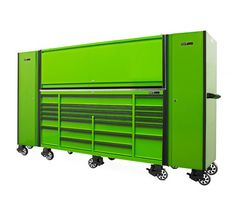 a green tool cabinet with wheels and drawers on the bottom shelf is shown against a white background