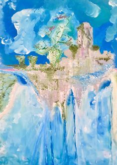 an abstract painting with blue and green water flowing down it's sides, in front of a sky filled with clouds