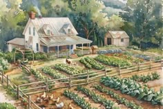 a watercolor painting of a farm house with chickens in the yard