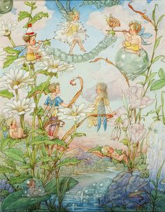 an image of a painting with flowers and fairy characters on it's sides, surrounded by water lilies