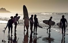 a group of people standing on top of a beach next to the ocean holding surfboards