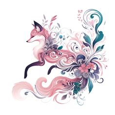 a fox with flowers and leaves on it's back side, in pink and blue colors