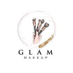 the glam makeup logo is shown with brushes and glitters on top of it