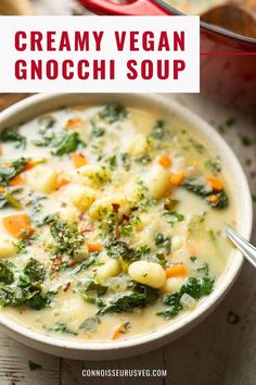 creamy vegan gnocchi soup in a white bowl