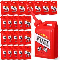 red fuel canisters with the words fuel on them and six gallon jugs