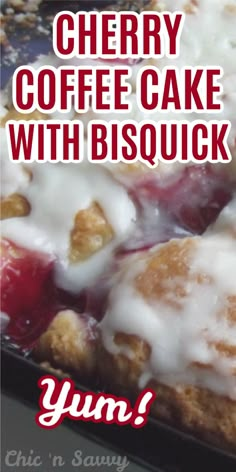 cherry coffee cake with biscuits and icing is shown in the foreground