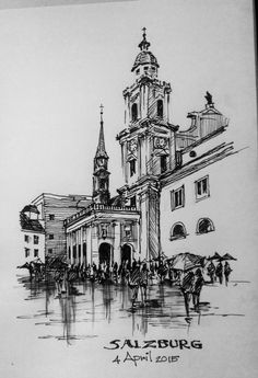 a drawing of people walking in front of a building with a clock tower on it