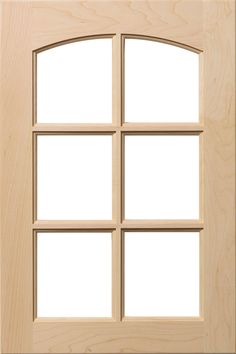 an open wooden door with four panes on the front and side panels, all in light wood