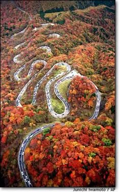 an aerial view of a winding road surrounded by trees in the fall with orange leaves