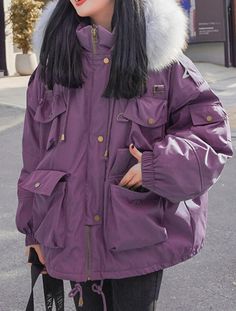 Fur Collar Hood Violet Spring Winter Jacket. The fabric is thick and fitted. It is good for elegant ladies and seductive women. Purple Winter Coat, Purple Winter Jackets Women, Purple Winter Outerwear, Purple Casual Hooded Winter Jacket, Purple Collared Winter Outerwear, Winter Purple Outerwear With Drawstring Hood, Winter Fur Coats, Thick And Fit, Purple Hoodie