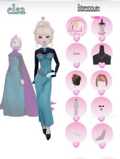 an animated character with many different outfits and hair