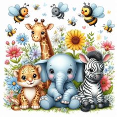 an elephant, giraffe and zebra are surrounded by flowers