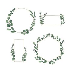 four different frames with green leaves and branches on the sides, one has a white background