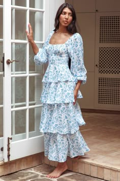 Provence Bloom Long Sleeve Maxi Dress Floral Blue White Kitten Heels, Maxi Dress Floral, White Kitten, Ruffle Design, Date Night Dresses, Sleeve Maxi Dress, Basic Dress, Tiered Maxi Dress, Long Sleeve Maxi