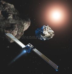 an artist's rendering of a space satellite in orbit with a rock on the background royalty free illustration