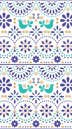 a blue and white tile pattern with birds on the border, surrounded by flowers in different colors