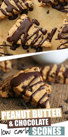 peanut butter and chocolate scones on a cookie sheet with the words, low carb cookies