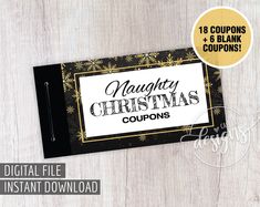 black and gold christmas coupon label with snowflakes on wood background, digital file