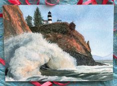 a painting of waves crashing in front of a light house on a rocky cliff overlooking the ocean