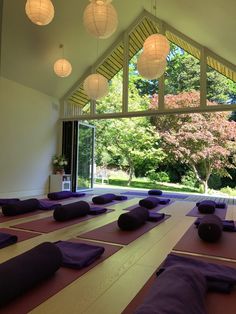 yoga mats are lined up on the floor in a room with large windows and hanging lamps