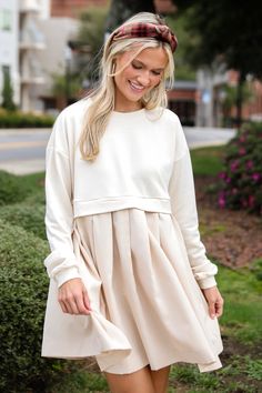 Precious Impression Natural Sweatshirt Dress Sweatshirt Dress Outfit, Babydoll Dresses, Comfortable Dress, Knit Skirt, Sweatshirt Dress, Babydoll Dress, French Terry, Crew Neckline, Effortless Style