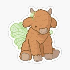 a brown cow sitting down with a green leaf on it's back sticker