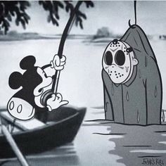 a cartoon character in a boat with a mask on and a person holding a fishing pole