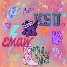 an image of the kansas state university mascot on a colorful background with handwritten letters and symbols