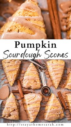 pumpkin sourdough scones with cinnamon glaze on top and an image of cinnamon sprinkles