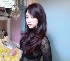 Japanese Oblique Bangs, Side Bangs With Long Hair Layers, Wine Hair, Dark Red Hair, Hair Stylies