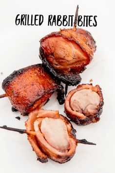 grilled rabbit bites on a white background with the words grilled rabbit bites above them