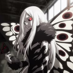 a woman with long white hair and red eyes holding a butterfly in her right hand