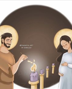 a man and woman standing next to each other in front of candles with an image of jesus