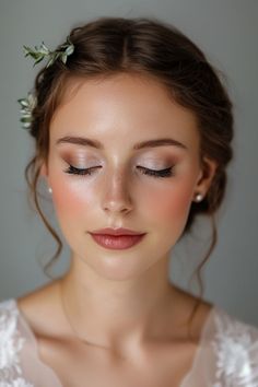 a woman with flowers in her hair is wearing a white dress and holding a bouquet