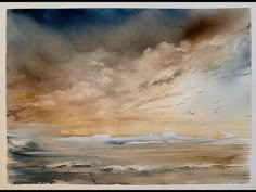 watercolor painting of clouds and birds flying in the sky over an ocean at sunset