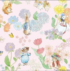 a pink background with flowers, rabbits and birds