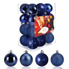 blue christmas ornaments are in a clear box with the package on top and below them