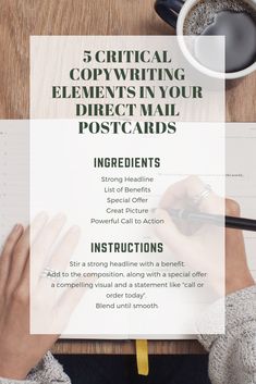 a person writing on a piece of paper with the words 5 crucial copywriters in your direct mail postcards