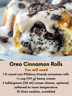 an advertisement for oreo cinnamon rolls with white icing and chocolate chips on top