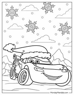 a coloring page with cars and snowflakes in the background, including santa's hat