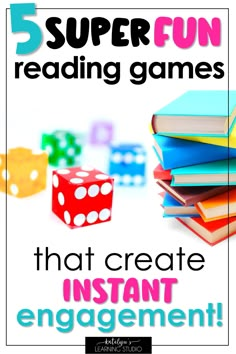 an image of some dices and books with the words 5 super fun reading games that create instant engagement