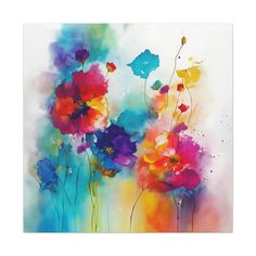 an abstract painting with flowers painted on it