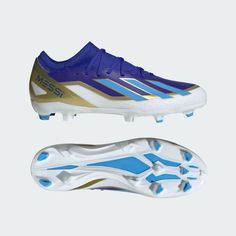 a soccer shoe with blue and gold accents