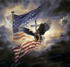 an eagle flying over the american flag with a cross on it's back and clouds in the background