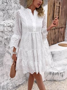 Take a risk and turn heads in the Somebody To Love Eyelet Lace Mini Dress! Flowy tiers create movement and a sense of adventure while the eyelet lace adds a touch of boldness. Perfect for those who dare to stand out and be somebody to love. Size Guide: Model is 5’8” tall, and has a 33.4” bust, 26.4” waist, & 35.4” hips. She is wearing a S / US 4 / AU 8. This dress is true to size. Material: 100% Polyester. Feature: Stand collar. Long Sleeves. Scallop cuff. Eyelet Lace Fabrication. Front button closures. Flowy Dress. Mini length. Care Instructions: Machine wash / Cold hand wash Princess Sleeves, White Long Sleeve Dress, Women Long Sleeve Dress, Weave Style, Eyelet Dress, Loose Style, Everyday Dresses, Lace Mini Dress, Lantern Sleeves