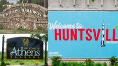 the welcome sign to huntsville, al is shown in three different pictures