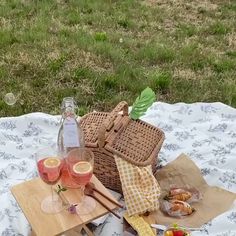 two glasses of wine are sitting on a picnic blanket