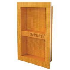 an orange shelf with the word schluter on it's front and side