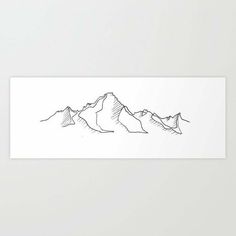 a black and white drawing of mountains with no clouds on the mountain top, in front of a plain background